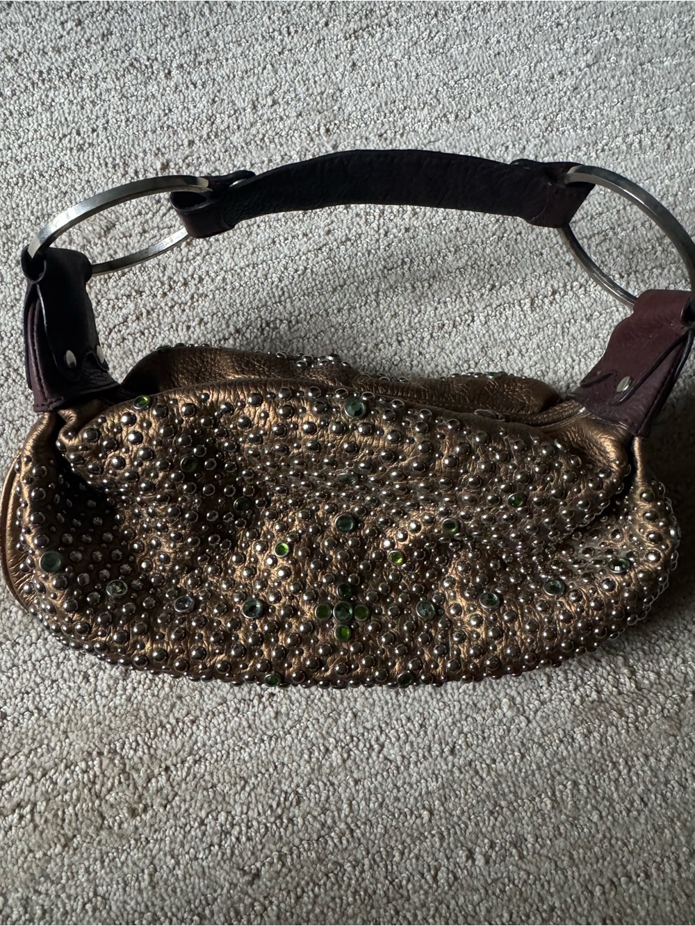 Y2K G Series Cole Haan Bronze Leather Studded Crystal Hobo Shoulder Bag